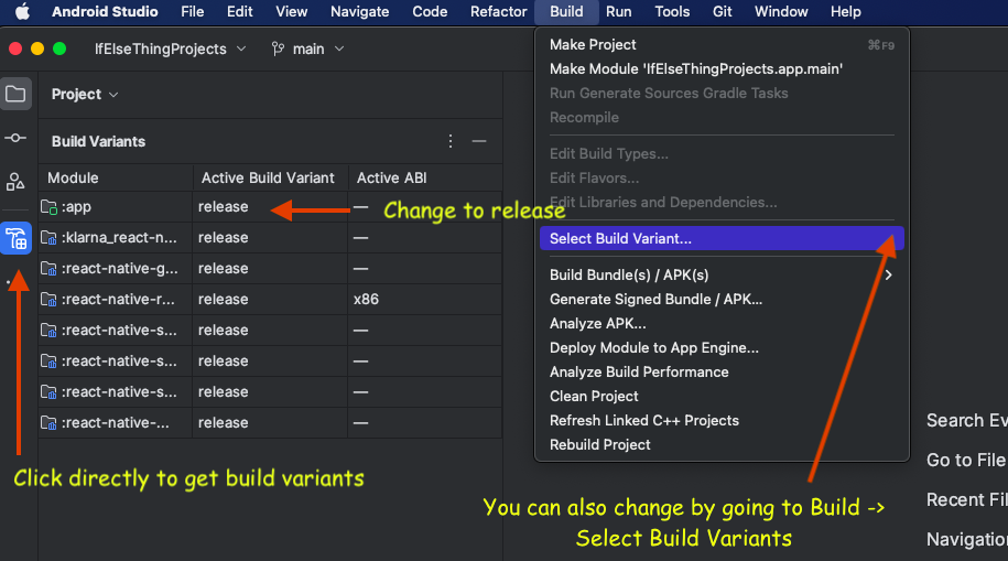 Change build variant in android studio